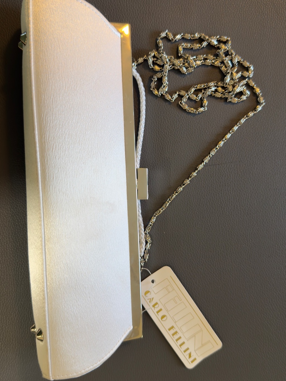 Carlo Fellini White Satin Clutch with Silver Chain